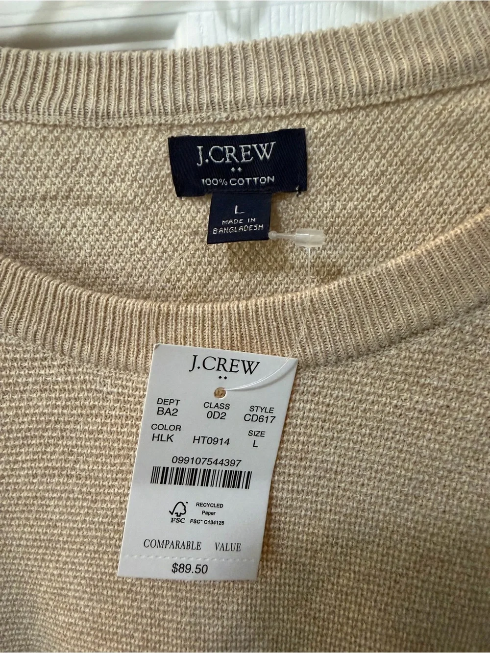 NWT J. Crew Men’s Crewneck Beige Cotton Subtle Waffle Knit Sweater Sz L
